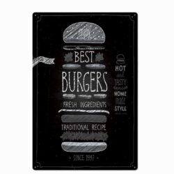 Plaque Métal Vintage Hamburger Noir Et Blanc
