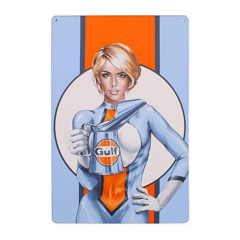 vintage metal sign gulf short hair pin up vintage metal sign gulf short hair pin up