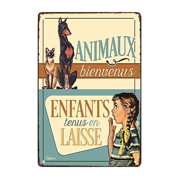 plaque-metal-animaux-bienvenus-enfants-tenus-en-laisse plaque métal animaux bienvenus enfants tenus en laisse